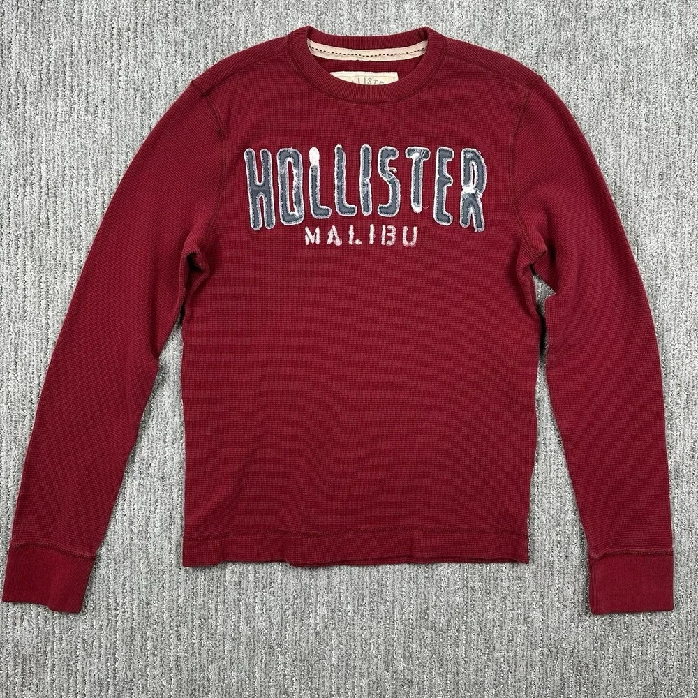 Hollister Mens Long Sleeve Thermal Waffle Knit Shirt Red Logo Malibu Size Large